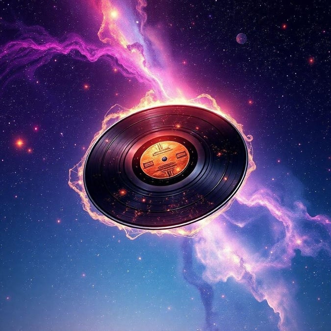 A vinyl record floating in space, surrounded by a swirling pattern of colors, evoking a sense of nostalgia and appreciation for music.