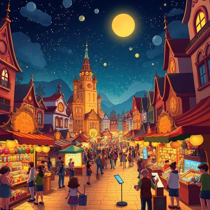 Step into the enchanting world of this cartoon-style night market, where the air is filled with the aroma of delicious food and the sound of laughter and chatter. The stalls are adorned with colorful lights and signs, showcasing an array of goods from handmade crafts to exotic spices.