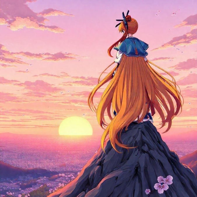 A stunning anime illustration of a young samurai standing on top of a mountain, gazing out at a breathtaking sunset. The vibrant yellow and orange hair, blue head, and red tail create a striking contrast against the serene pink cherry blossoms and distant cityscape.