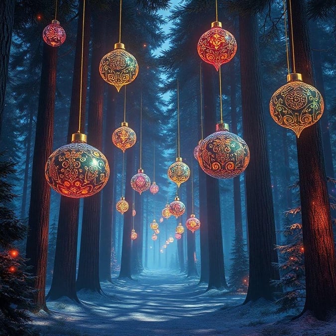 Illuminated Christmas ornaments hanging among trees at night, creating a magical and festive atmosphere.