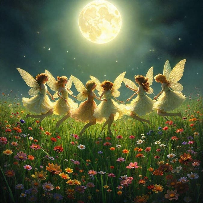 A magical night scene with fairies dancing in a field under the full moon, adorned with colorful flowers and twinkling stars.