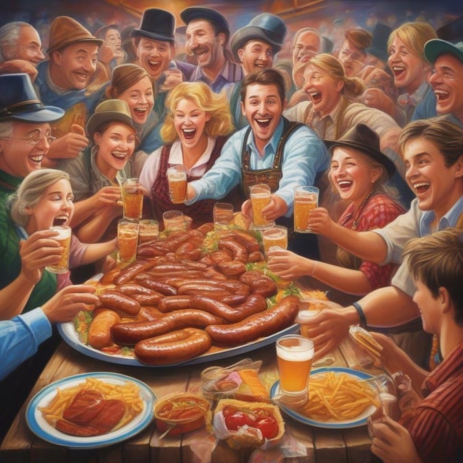 A lively group of people are enjoying a festive meal together, laughing and toasting with beers at an Oktoberfest celebration. The centerpiece is a table filled with German sausages and traditional dishes served in a casual and joyous atmosphere.