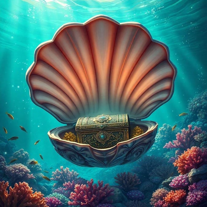 Explore the depths and discover a beautiful treasure hidden in an open seashell.