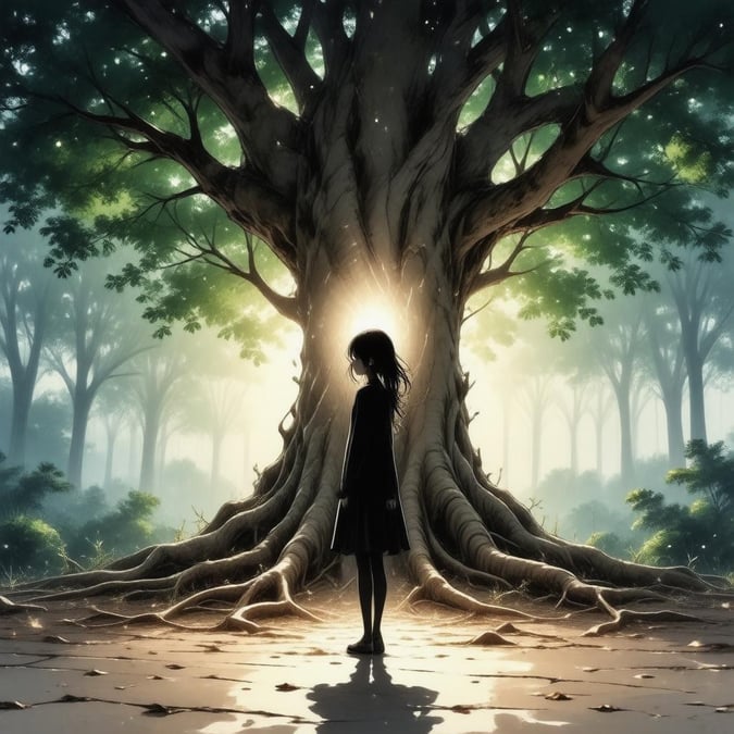 A captivating anime illustration of a young girl standing in front of a giant tree, with her silhouette contrasting the tree's grandeur.