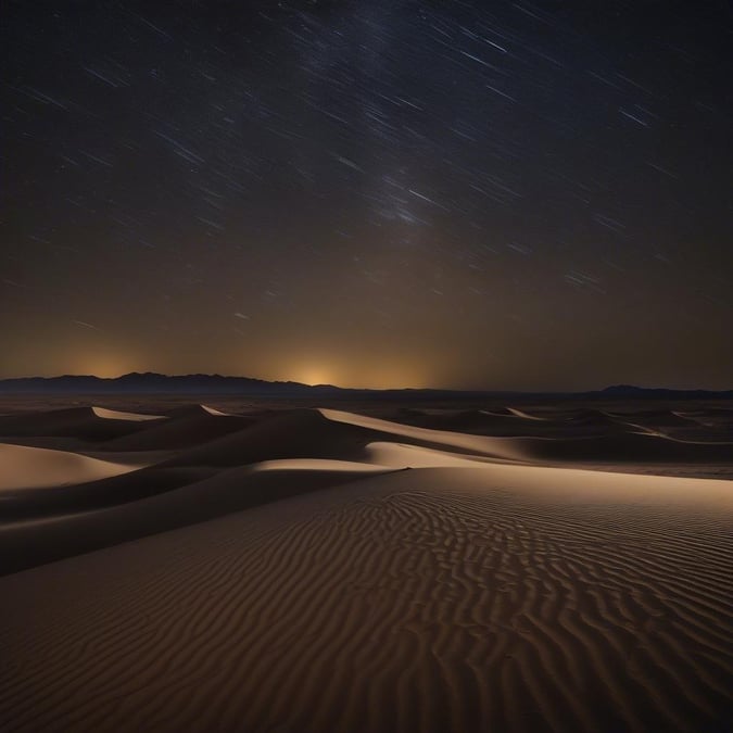 A starry night illuminating the sand dunes at a desert location, possibly celebrating Ramadan and Eid traditions.