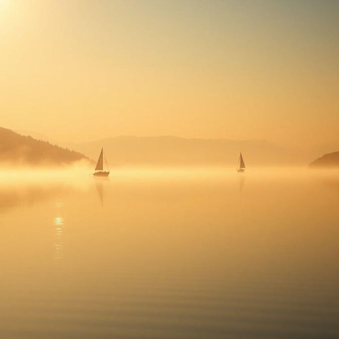 This breathtaking landscape wallpaper captures the essence of a tranquil morning by the lake, where sailboats gently glide across the water, surrounded by the majestic beauty of mountains and trees.