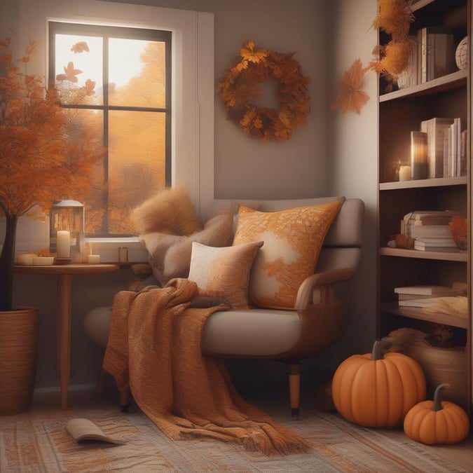 Bring the warmth of fall indoors with this inviting autumn-inspired living space. The room is adorned with festive touches, from a cozy blanket and a plush fur throw to golden pumpkins and a vibrant wreath on the door. A welcoming armchair waits for you by the window, where autumn leaves frame a serene view of trees outside. Books line one wall, offering quiet companionship. The warm colors and rustic charm create a perfect setting for a fall gathering or simply enjoying a calm moment at home.