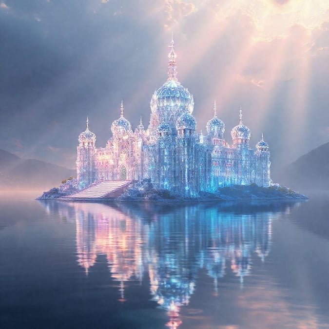 This fantastical scene depicts a majestic castle-like structure standing tall on an island amidst a serene lake. The crystalline facade of the structure glimmers with intricate details, reflecting light from the setting sun in the distance. This image evokes a sense of wonder and could easily be part of a magical fantasy world.