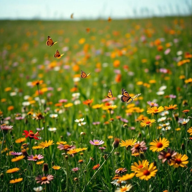 A field blooming with wildflowers, adorned by butterflies fluttering in the warm breeze.