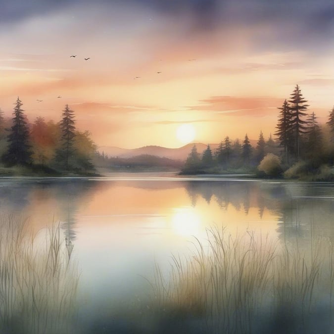 A tranquil scene at sunset, with the warm glow illuminating a serene forest setting by the water. Birds flying overhead add to the peaceful ambiance.