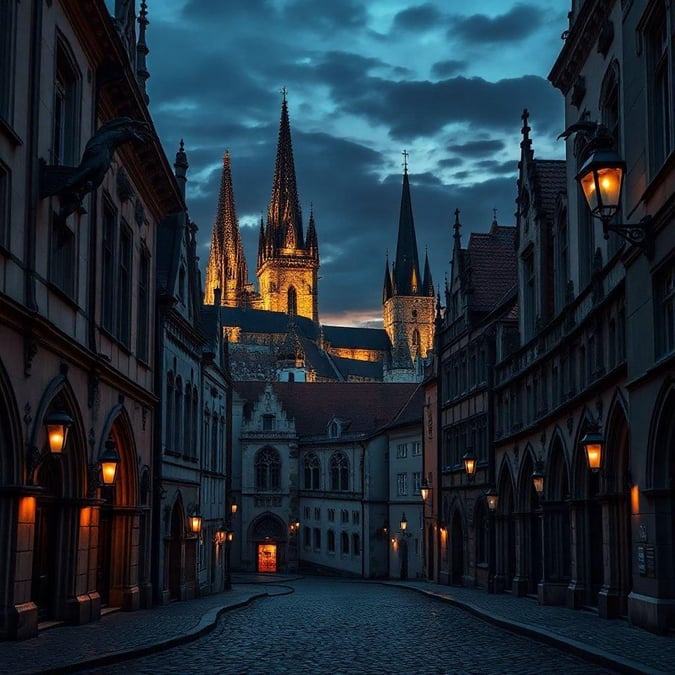 An enchanting view of Prague, the city of a thousand spires. The glowing lights of the city cast a warm reflection on the cobblestone streets and buildings as day turns into night.