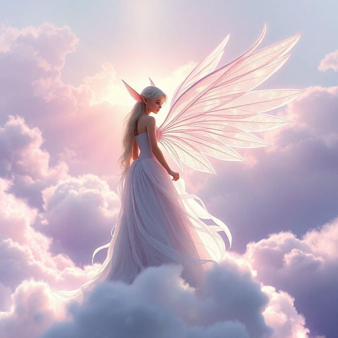 A beautifully rendered celestial angel with wings, adorned in a white and silver fantasy dress. Gazing into the distance with an air of serene elegance.