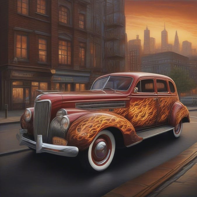 This image captures the essence of a bygone era, with a vintage car parked in front of a bustling city skyline. The car's classic design and bold flame paint job make it a standout feature of the image, while the cityscape provides a sense of scale and context.