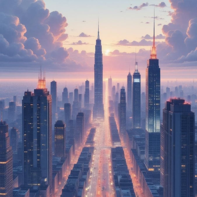 A breathtaking digital illustration of a futuristic city at sunset, with a vibrant, neon-lit skyline and tall skyscrapers.