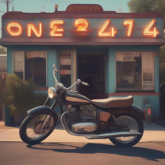 A classic motorcycle parked outside a vintage diner, with a neon sign that adds to the nostalgic feel.