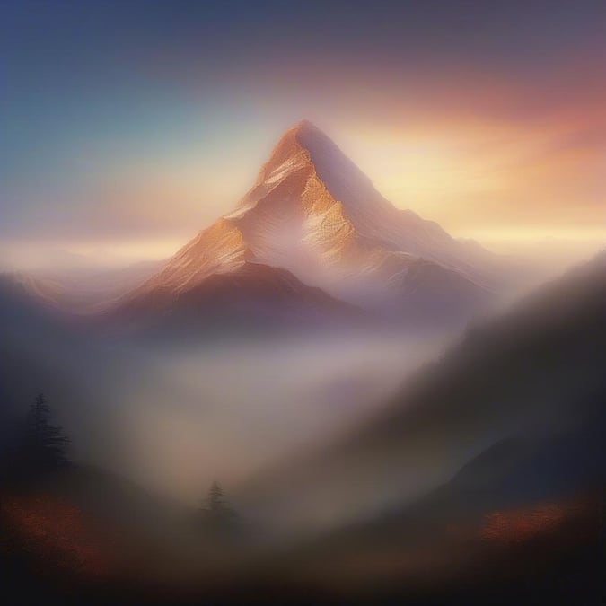 Majestic mountain peak rises above the fog, bathed in the warm glow of a sunrise or sunset, creating a tranquil and inspiring landscape.