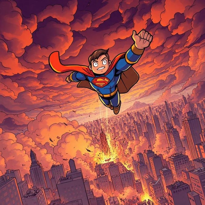 Superman soars above the city, embodying the spirit of justice and heroism. The iconic superhero, with his distinctive costume and cape, is set against a dramatic backdrop of clouds and a fiery skyline, reflecting his unwavering commitment to protecting the innocent.