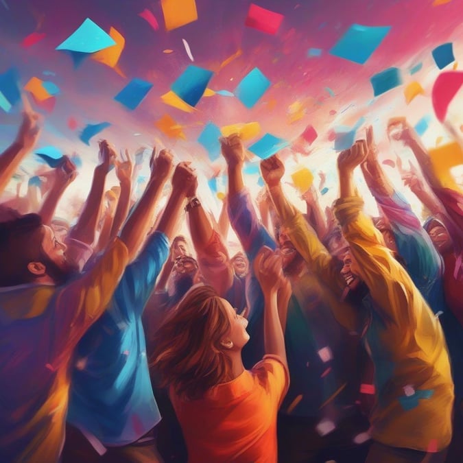 A vibrant, celebratory scene of graduating students joyfully releasing their confetti during a graduation ceremony.