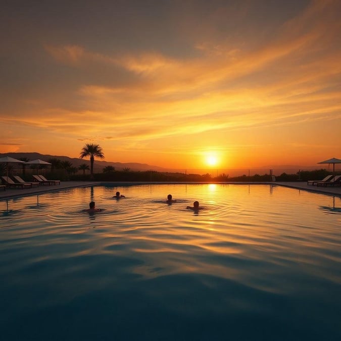 A group of people enjoying a swim in an outdoor pool as the sun sets, creating a tranquil evening scene.