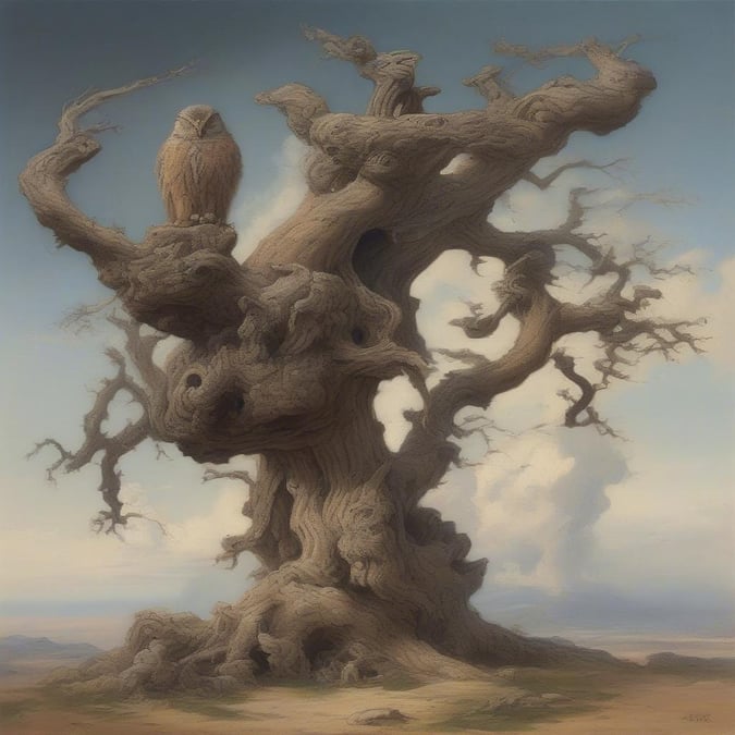 This serene image features an owl sitting on a gnarled tree branch, set against a backdrop of a blue sky with white clouds. The owl's wise gaze and the tree's twisted limbs create a sense of harmony and balance, inviting the viewer to appreciate the beauty of nature.