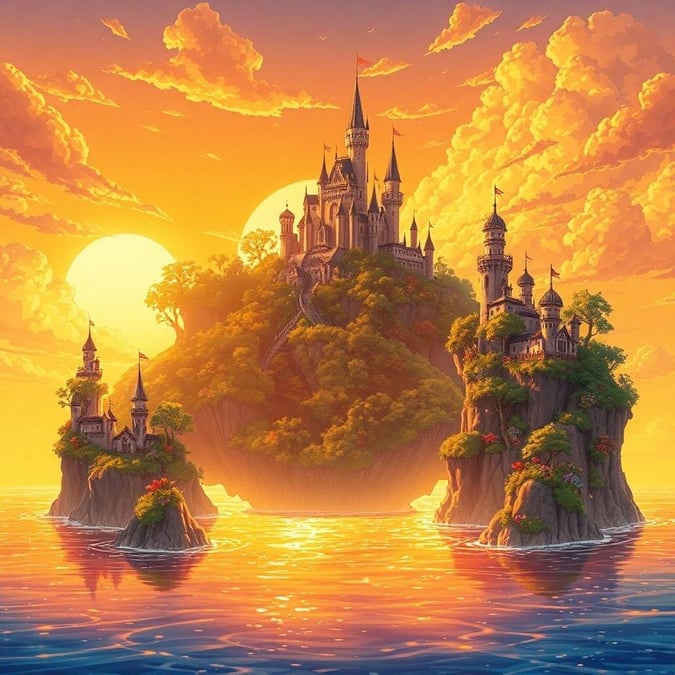 Immerse yourself in the enchanting world of anime fantasy with this captivating wallpaper. A central island, surrounded by floating islands, is bathed in warm orange and yellow hues, creating a sense of depth and movement. The illustration seamlessly blends fantasy and fantasy elements, inviting you to explore the wonders of this magical realm.