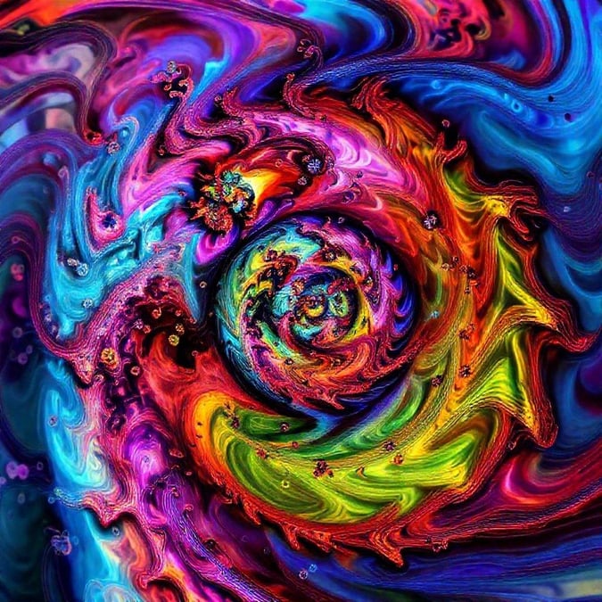 A whimsical abstract representation featuring swirling colors in hues of purple, blue, yellow, green and red. The spiral center creates a mesmerizing depth of field.