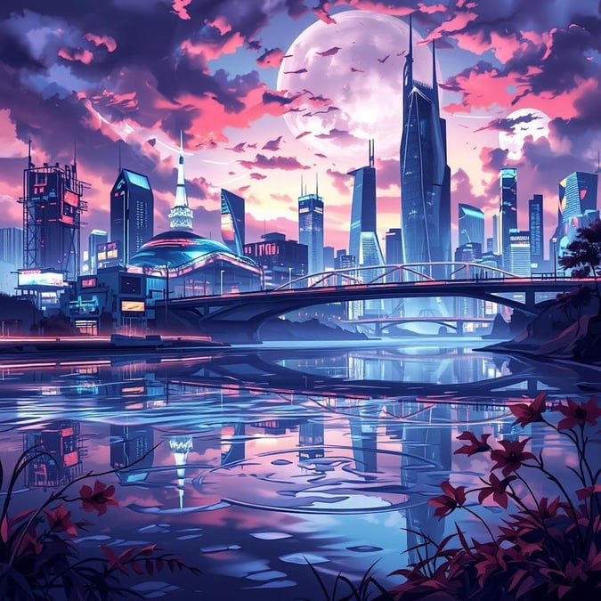 Immerse yourself in the vibrant world of anime with this stunning cityscape wallpaper, capturing the essence of a futuristic metropolis at dusk.