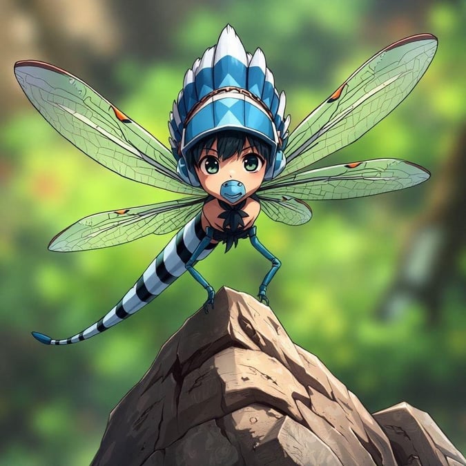 An animated depiction of a high schooler magically transformed into a majestic dragonfly. With a blue and white striped headdress, this fantastical creature perches on a rocky outcrop, peering directly at the viewer in a scene that's both whimsical and intriguing.