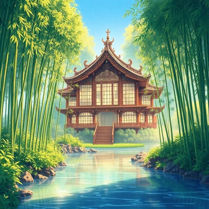 Immerse yourself in a serene and mystical world with this anime-inspired temple wallpaper, featuring a harmonious blend of traditional and modern elements, set amidst a lush bamboo forest and a tranquil river, all under a soft blue sky.