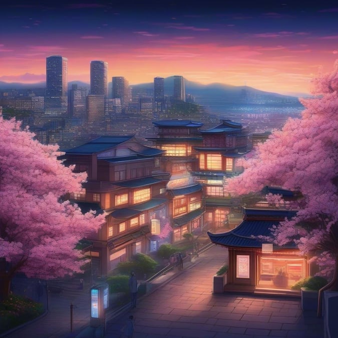 Plongez-vous dans le monde vibrant de l'anime avec ce magnifique fond d'écran de paysage urbain. Le ciel illuminé au néon et la touche fantaisiste des cerisiers en fleurs créent une scène captivante parfaite pour une utilisation sur ordinateur de bureau et mobile.