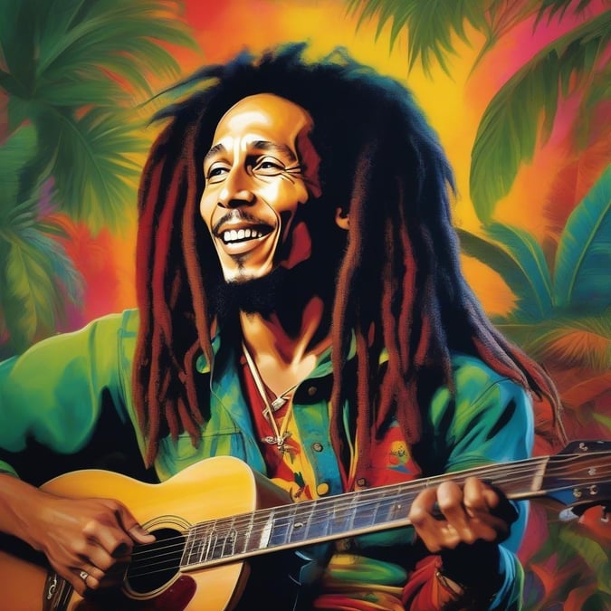 This vibrant wallpaper features the legendary Bob Marley, the father of reggae music. Known for his iconic dreadlocks and distinctive guitar style, Marley's music has left an indelible mark on the genre of reggae and beyond.