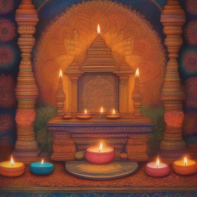 A vibrant shrine to the festival of lights, with lit candles arranged in an offering.