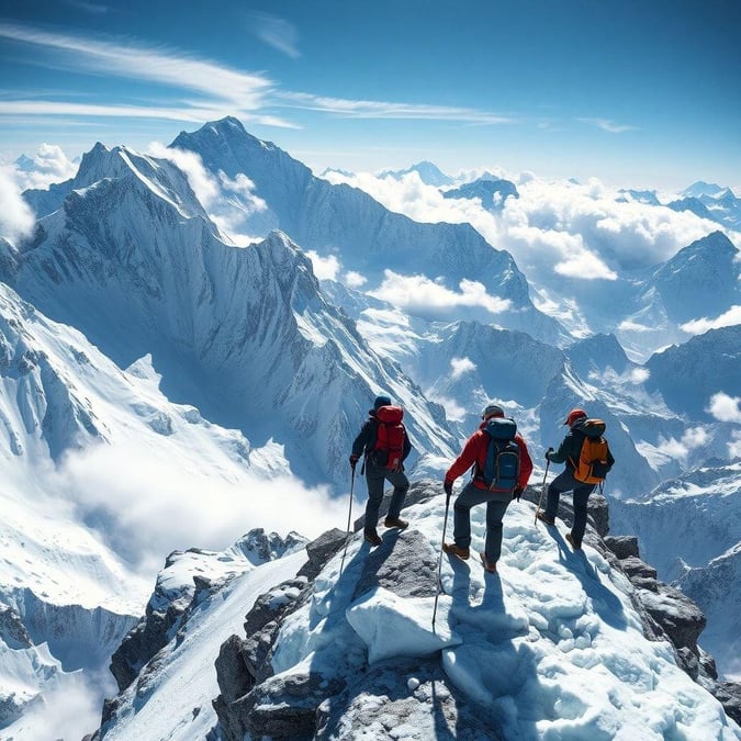 Experience the thrill of mountaineering with a group as they stand triumphantly atop an alpine peak, basking in the breathtaking beauty and grandeur of the snowy mountain range.