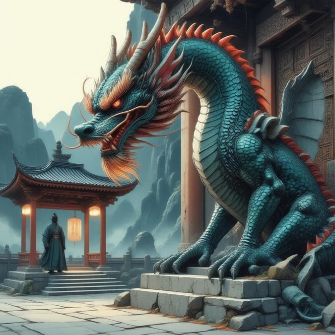 A majestic dragon statue stands guard over a mysterious shrine, illuminated by warm lights.