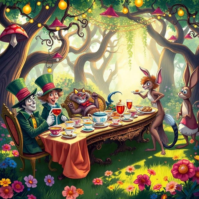 A whimsical gathering of cartoon favorites, enjoying a meal together amidst the magic of the forest.