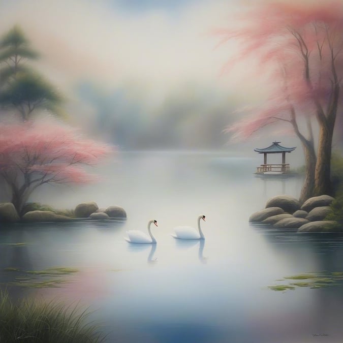 A tranquil scene with two elegant swans gliding on the water, framed by a serene backdrop of cherry blossoms and a traditional Japanese pavilion.