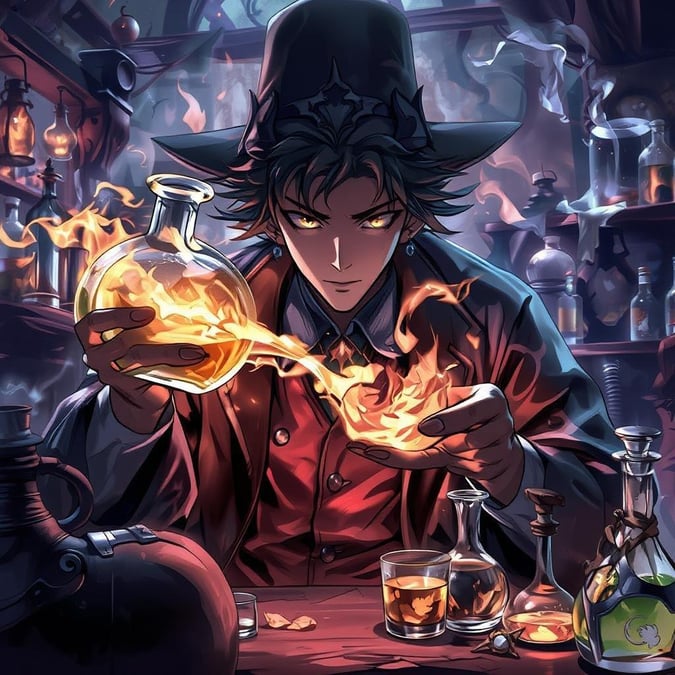 A detailed digital illustration of an enigmatic alchemist in his laboratory, blending magic with a potion. The scene is filled with various mysterious objects including a large glass potion bottle, a small potion glass and another small potion glass. The illustration captures the magical moment as the alchemist's eyes glow red, reflecting the intense concentration and mysticism of his craft.