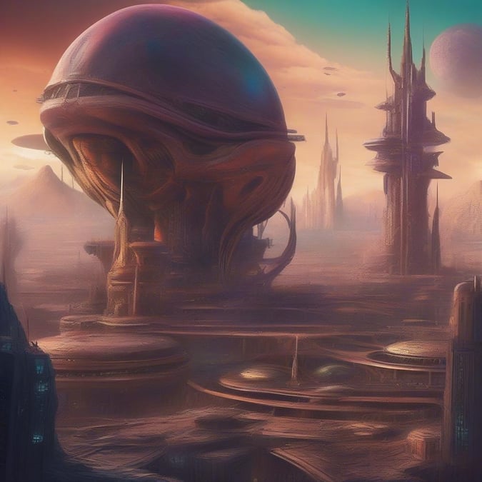 This otherworldly scene features an alien landscape bathed in the warm glow of a distant star. Dominating the foreground is a towering, metallic structure with a large circular window or portal at its heart. The architecture of this place suggests advanced technology and possibly extraterrestrial intelligence.