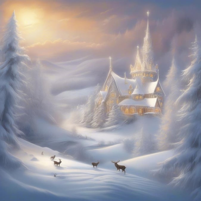 This festive scene captures the warmth of Christmas in a quaint cottage nestled among snow-covered trees. The soft glow of holiday lights illuminates the snowy landscape, creating a serene and inviting atmosphere.