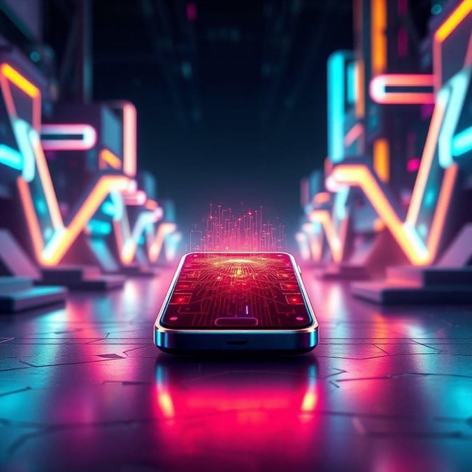 Experience the future with this stunning wallpaper, featuring an advanced smartphone set against a backdrop of futuristic digital design. The glowing red and blue lights suggest power and connectivity, embodying the cutting-edge tech of tomorrow.