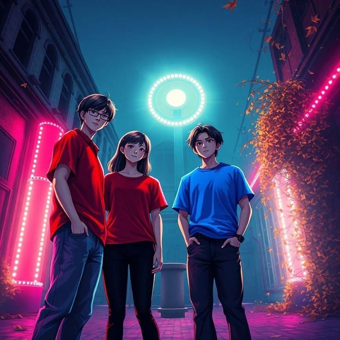 Une illustration captivante de style anime d'un groupe de quatre individus, dont l'un porte une chemise rouge et l'autre une chemise bleue, se tenant ensemble dans un parc d'attractions. Les lumières néon créent une atmosphère vibrante et dynamique, avec une grande lumière circulaire au centre ajoutant au sens du mouvement. La sombre structure abandonnée en arrière-plan, complétée par des feuilles éparpillées, ajoute une touche de mystère et d'intrigue à la scène.