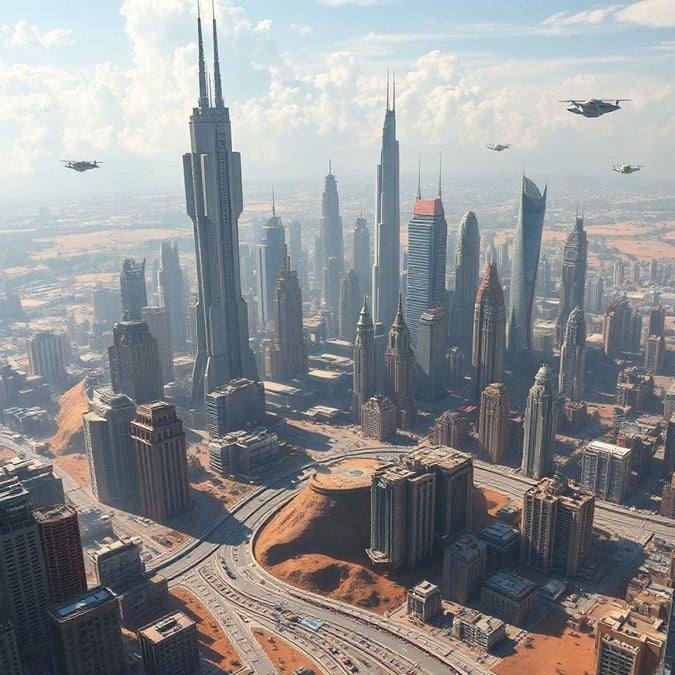 Imagine a city where technology and architecture blend seamlessly together, with towering skyscrapers reaching towards the sky. The roads are not just for cars - hovercrafts add a futuristic touch to daily life. This is a scene from a sci-fi landscape.