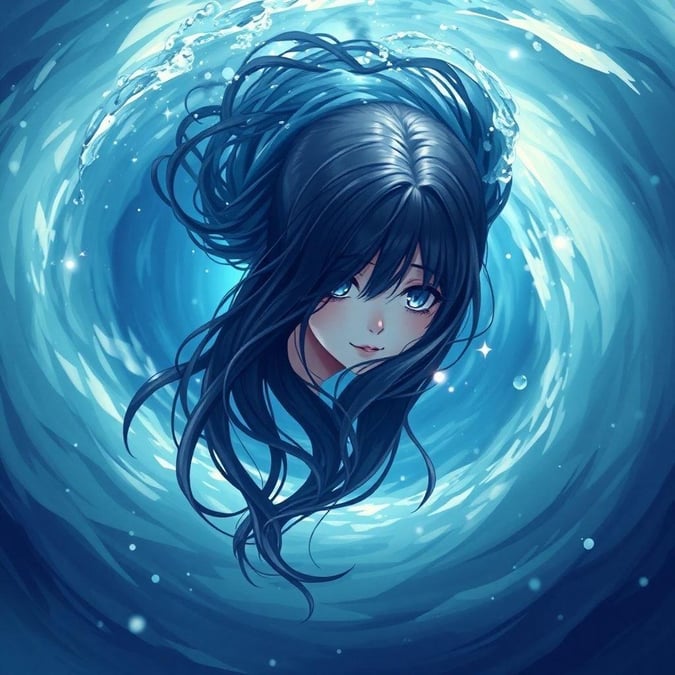 This captivating anime-style illustration features a mysterious girl floating in mid-air, her face partially hidden by a swirling vortex of water. The stillness of the moment is palpable, with the figure's hair flowing to the left, adding an air of intrigue. The background, a swirling vortex of light and dark blue, adds depth and intrigue to the overall scene.