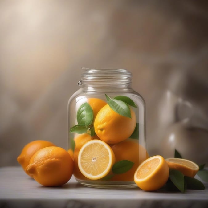 A clear glass jar filled with vibrant oranges, lemons, and mint leaves. A refreshing citrus wallpaper for a kitchen, dining room, or any space that needs a pop of natural color.