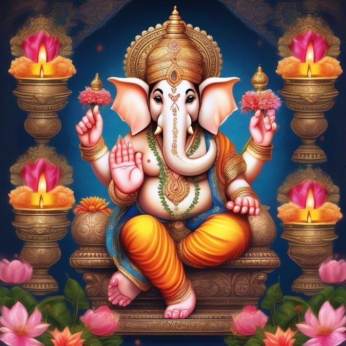 This beautiful wallpaper captures the essence of Diwali, the festival of lights, with a stunning depiction of Lord Ganesha. The vibrant colors and intricate details bring the spirit of the festival to life, making it a perfect addition to any desktop or mobile device.