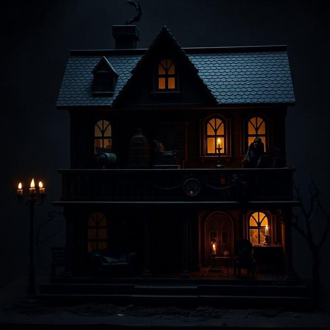 This eerie Halloween scene features a dark Victorian house, illuminated by candles that cast a warm glow through the windows. The front porch is adorned with a jack-o'-lantern and bats are perched on every surface. Inside, a figure in a rocking chair adds to the spooky ambiance. This wallpaper brings Halloween spirit right into your home!