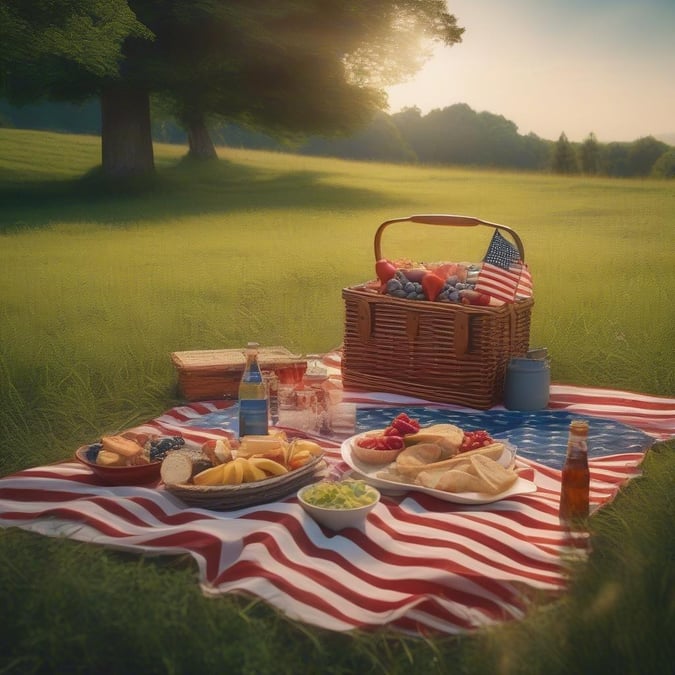 A tranquil picnic scene on Independence Day, with an American flag backdrop.