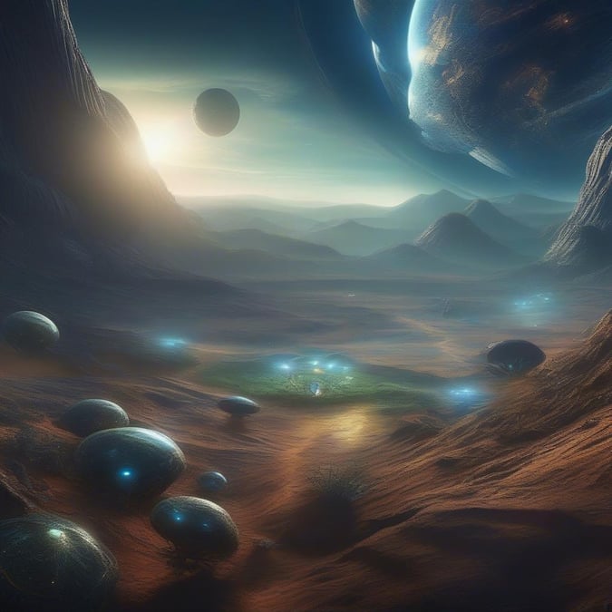 A breathtaking astronomical desert landscape at sunrise, with towering canyon walls and extraterrestrial spheres glowing beneath.