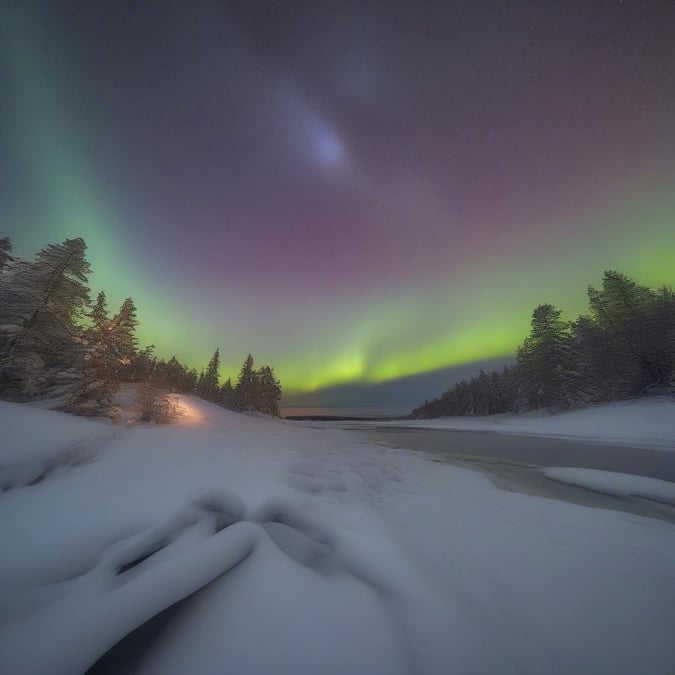 A tranquil winter scene at dusk, with the aurora borealis casting an ethereal glow over the snow-covered landscape.