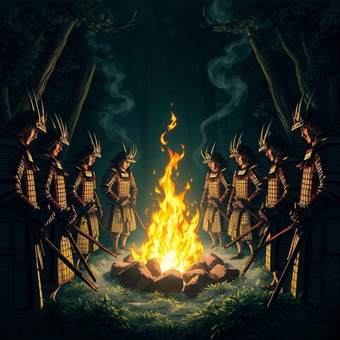 This anime wallpaper features a group of samurai warriors standing around a glowing flame, set against a dark, mysterious forest background. The warriors are clad in traditional attire, and the vibrant flame creates an ethereal atmosphere.